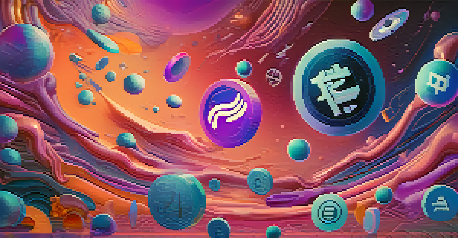 An artistic representation of digital currencies and NFTs in a colorful virtual space with abstract designs.