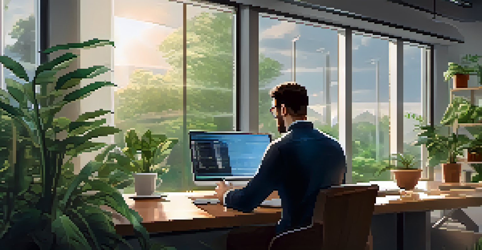 A person analyzing cryptocurrency tax regulations on a tablet in a serene office environment with plants and natural light.