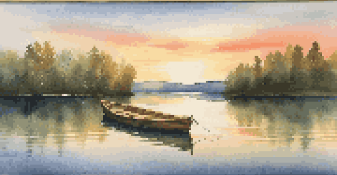 A peaceful lake surrounded by green forests during sunset, with a wooden boat on the water.