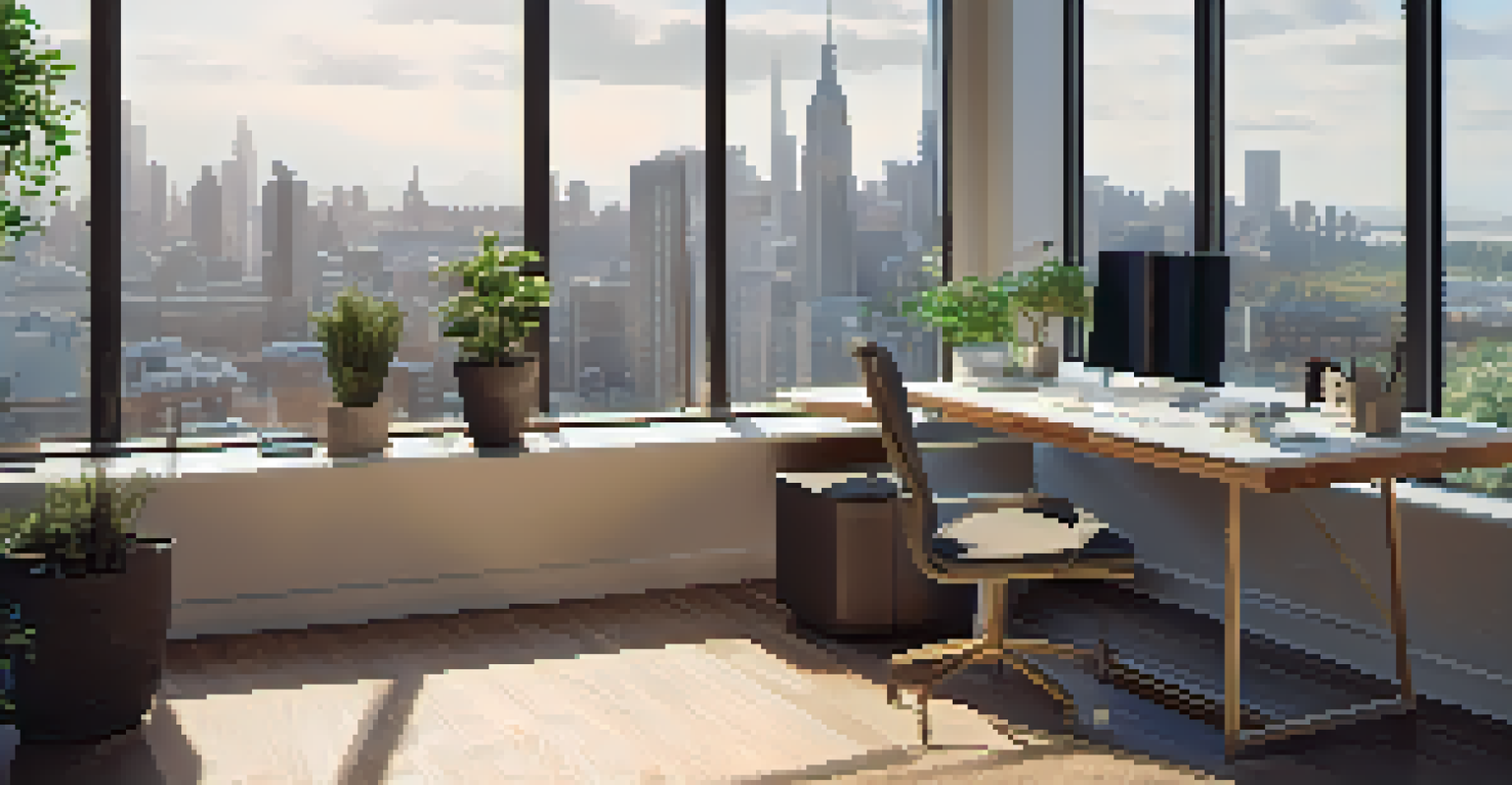 A modern office workspace with a laptop displaying financial data and a view of the city skyline.
