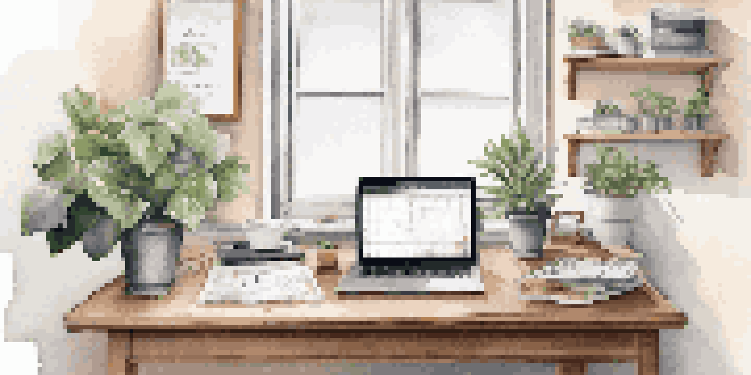 A well-arranged home office with a budget planner, laptop, and a plant, illuminated by natural light.