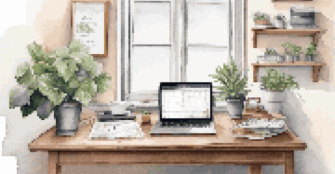 A well-arranged home office with a budget planner, laptop, and a plant, illuminated by natural light.