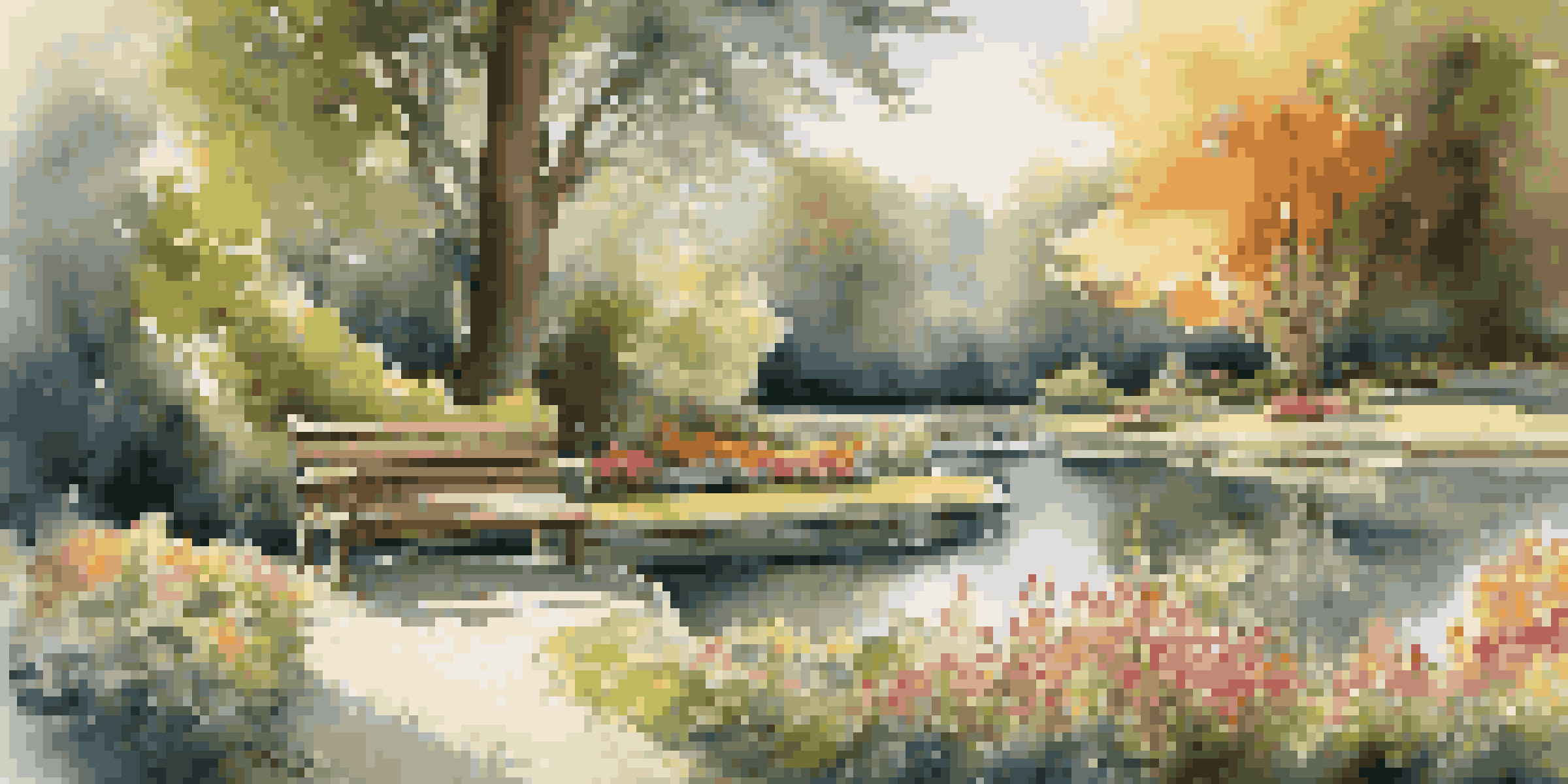 A beautiful garden with colorful flowers, a pond, and a wooden bench under the sunlight.