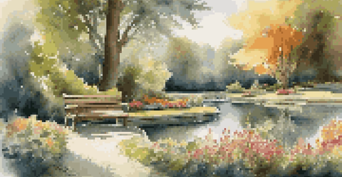 A beautiful garden with colorful flowers, a pond, and a wooden bench under the sunlight.