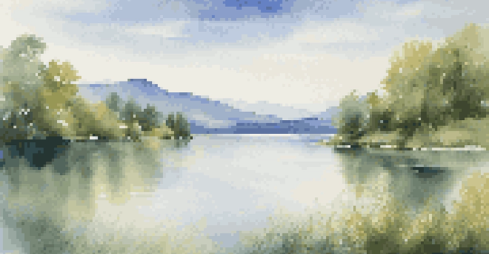 A peaceful lake surrounded by trees and mountains under a blue sky with clouds.