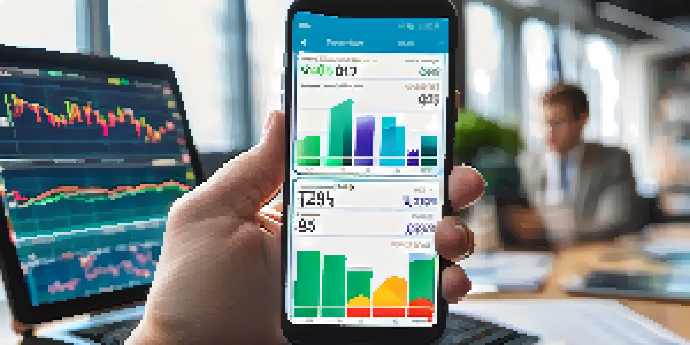 A trader's hand using a smartphone to place a limit order in a stock trading app, with colorful graphs and stock prices visible on the screen.