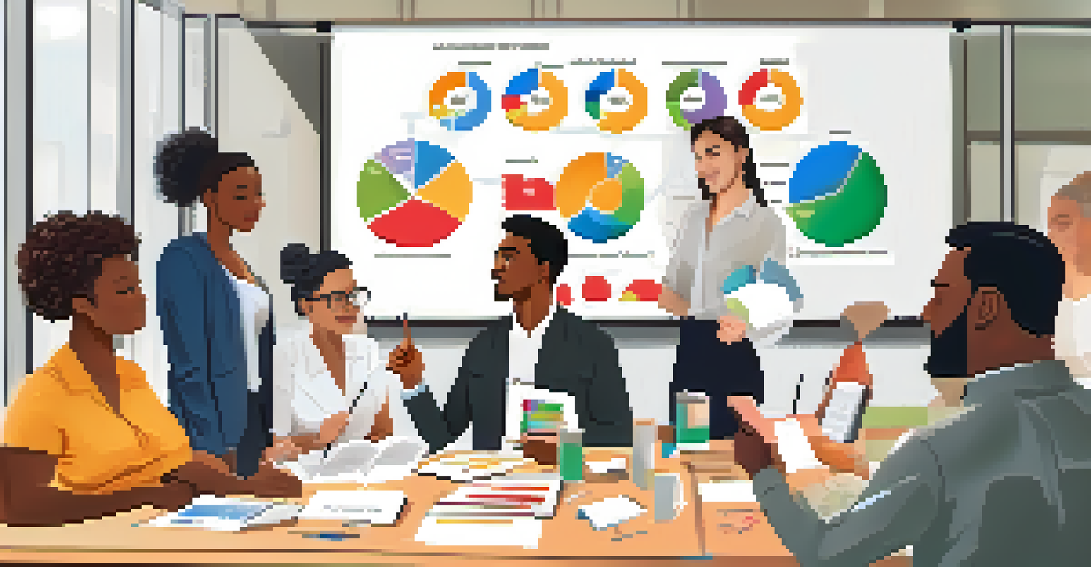 A diverse group of individuals in a financial literacy workshop, engaging with a presenter by a whiteboard displaying investment topics.