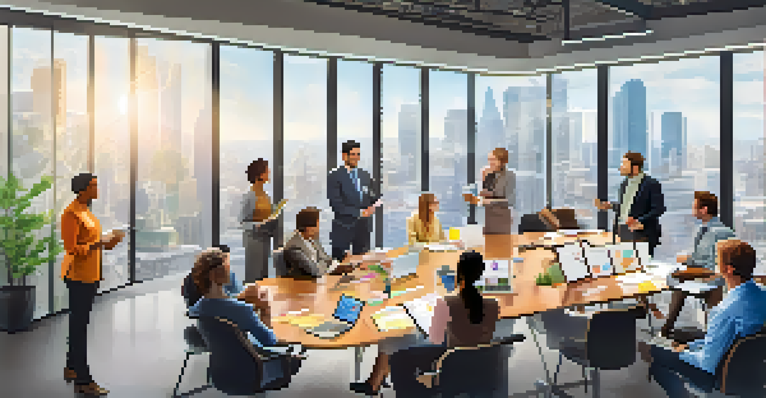 A diverse group of professionals in an office meeting room brainstorming with charts and graphs on a whiteboard.