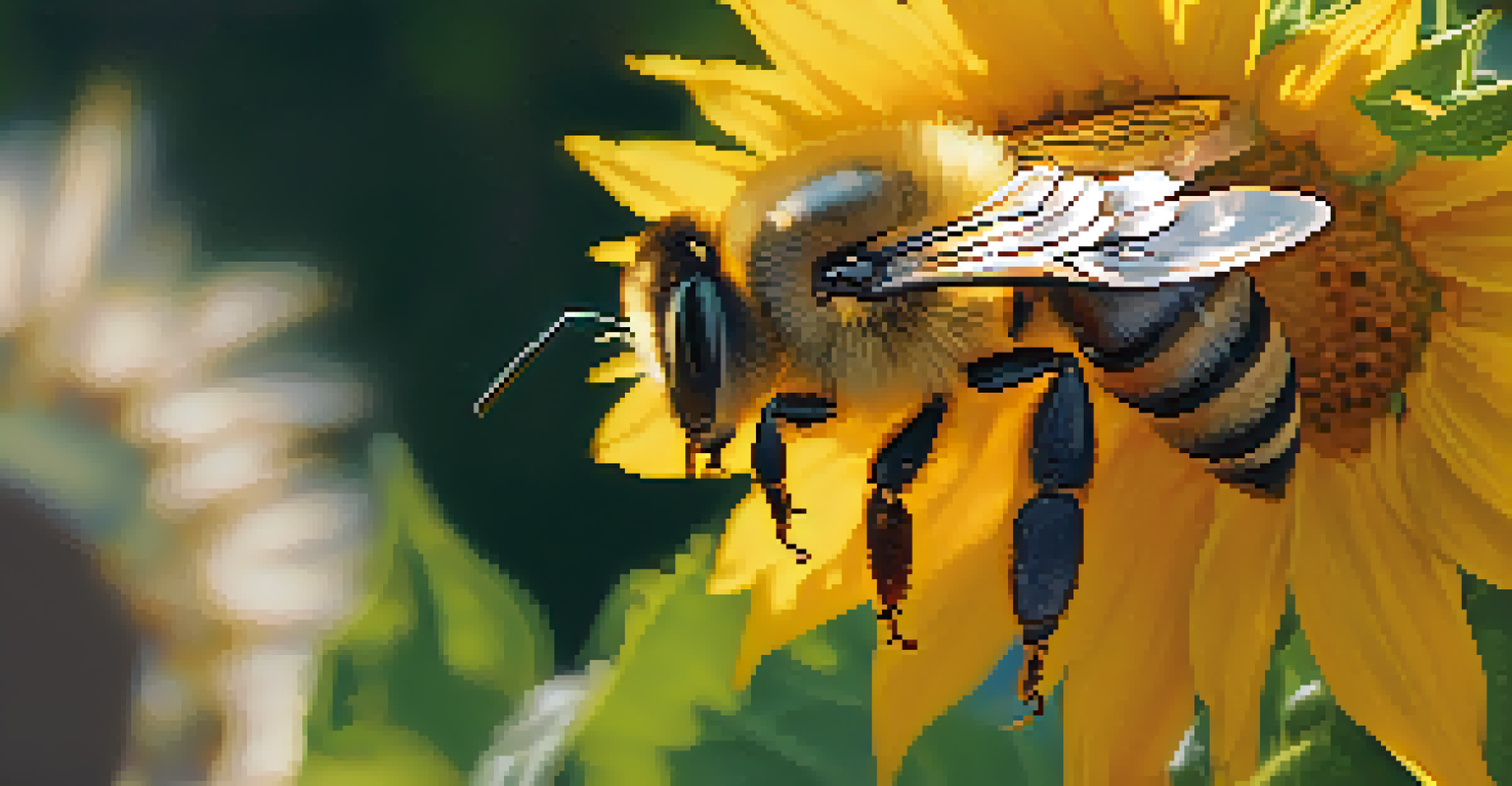A close-up of a honeybee on a sunflower, with vibrant yellow petals and glistening wings, set against a softly blurred background.