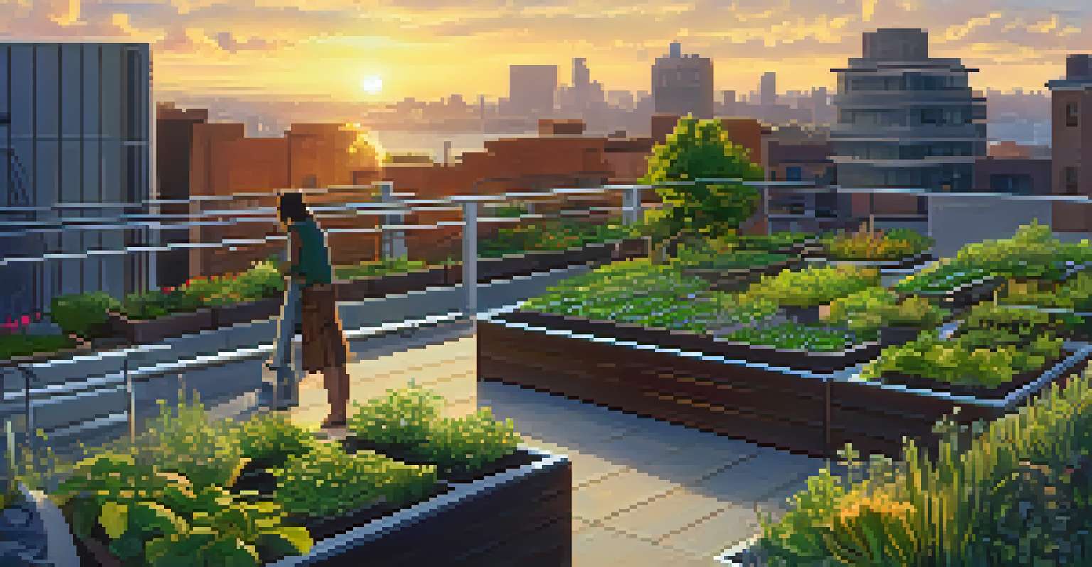 An urban rooftop garden with solar panels and a person tending to plants during sunset.
