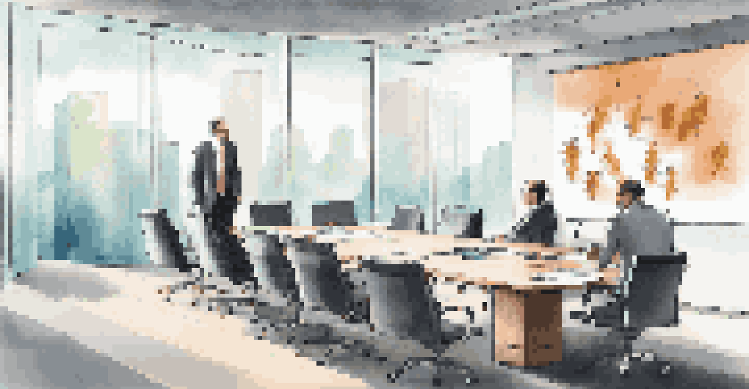 An auditor examining financial documents in a sleek conference room, with a large screen showing data.