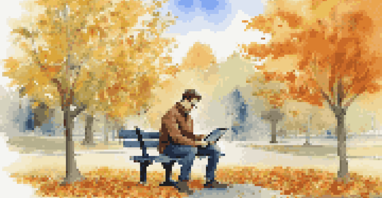A person sitting on a park bench in autumn, reviewing investment strategies on a tablet amidst colorful foliage.