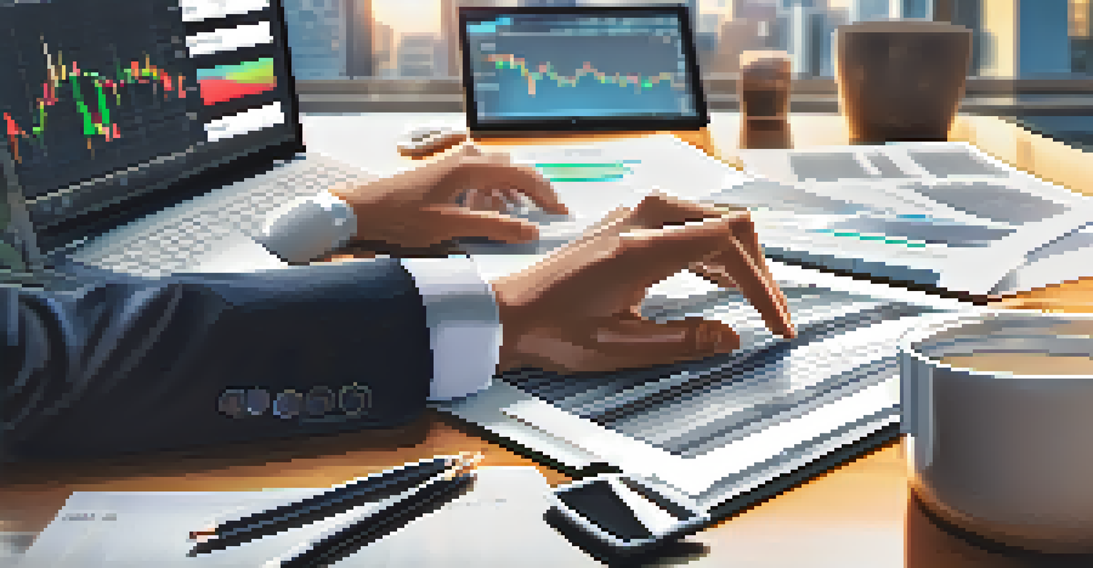 A professional analyzing investment reports with a laptop showing stock market data in an office setting.