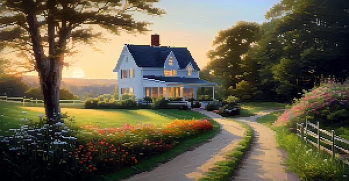 A peaceful countryside scene featuring a farmhouse, green fields, and a colorful sunrise sky.
