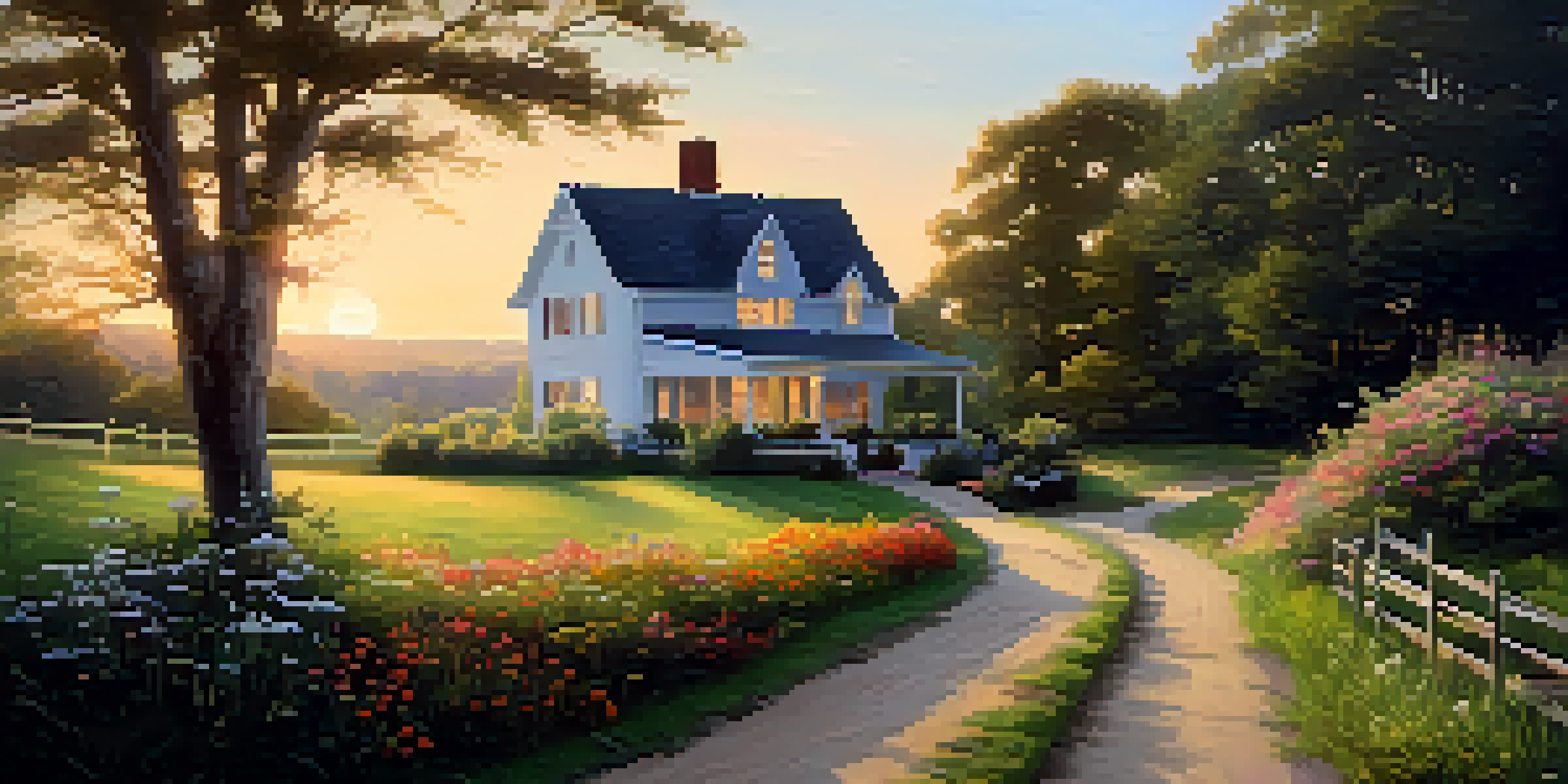 A peaceful countryside scene featuring a farmhouse, green fields, and a colorful sunrise sky.