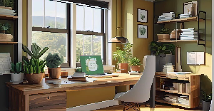 A warm and inviting home office with a wooden desk, open laptop, and a notepad displaying financial goals, surrounded by plants and motivational quotes.