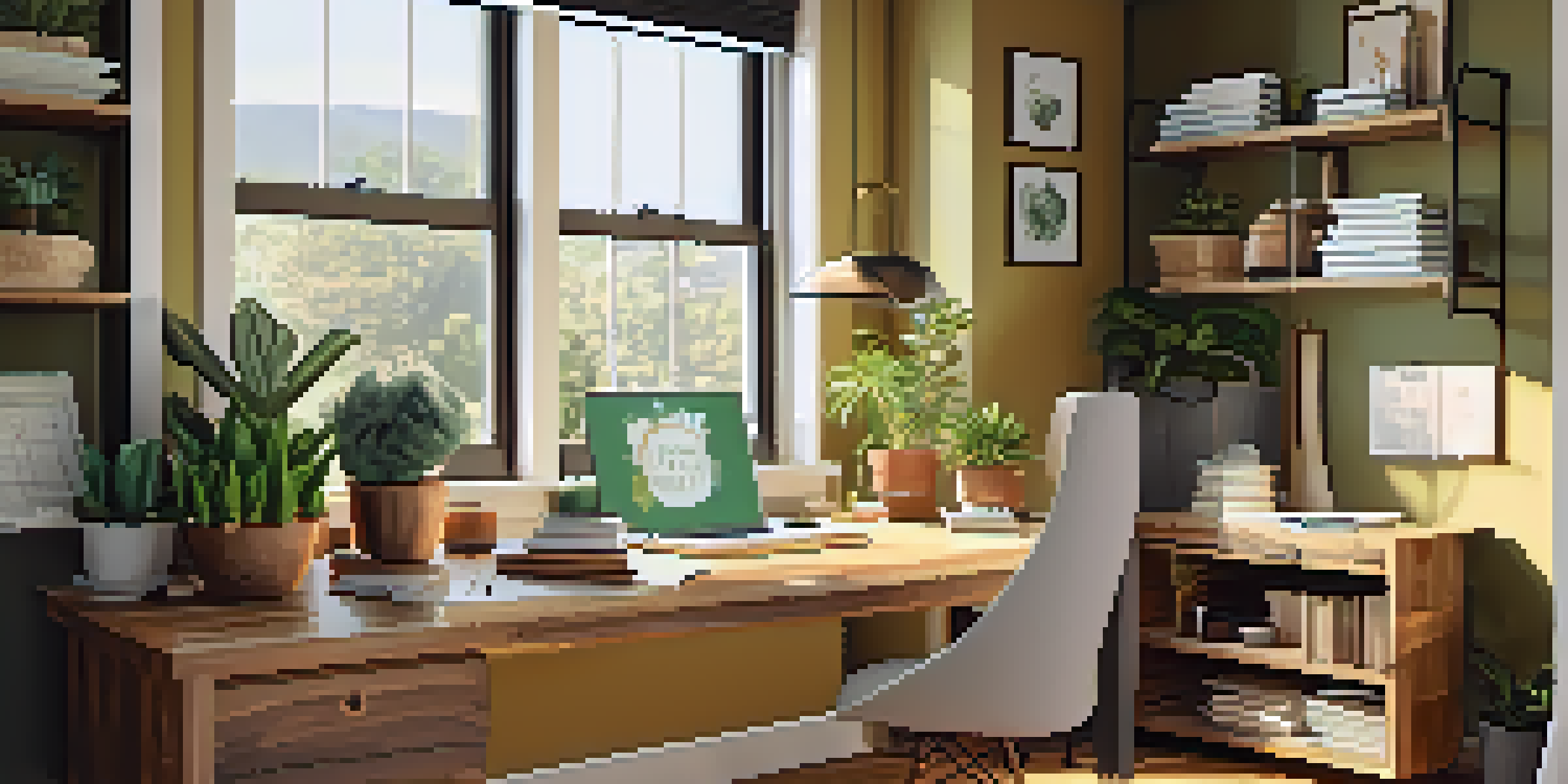 A warm and inviting home office with a wooden desk, open laptop, and a notepad displaying financial goals, surrounded by plants and motivational quotes.