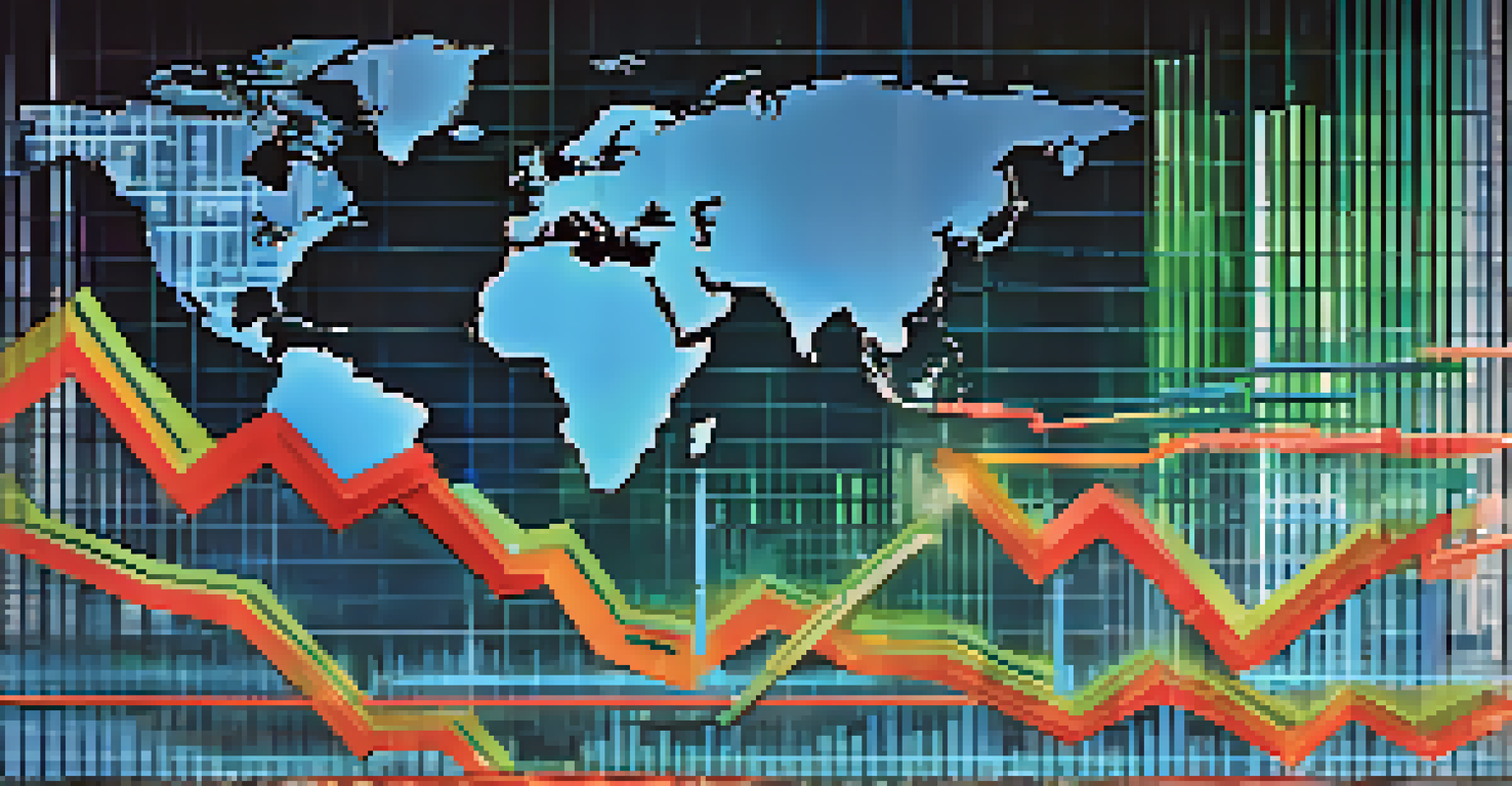 An abstract image of a stock market graph overlaid on a world map, showcasing global market trends with colorful lines and bars.