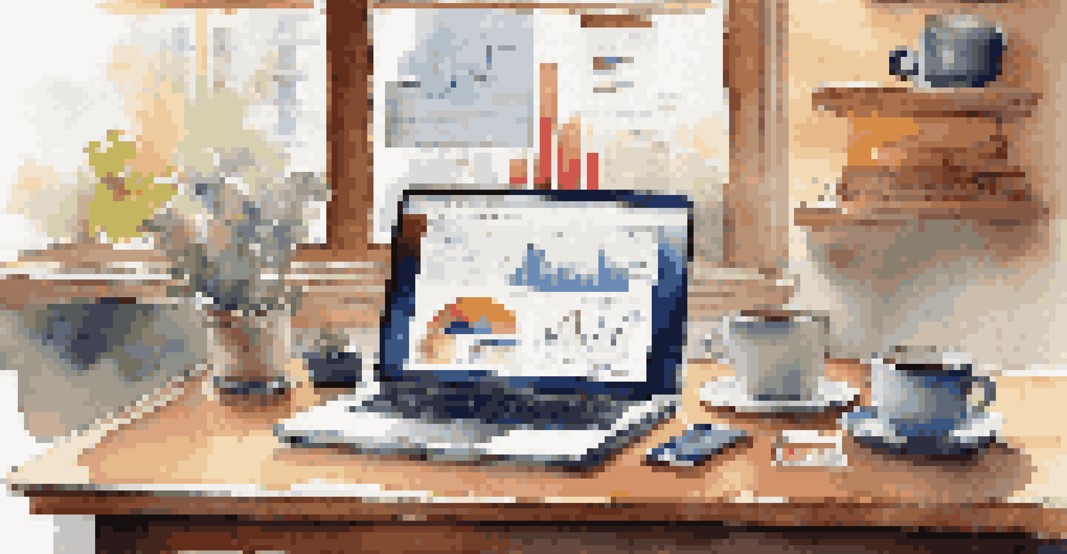 A cozy workspace with a laptop showing financial news, a notepad with investment notes, and a steaming cup of coffee on a wooden desk.