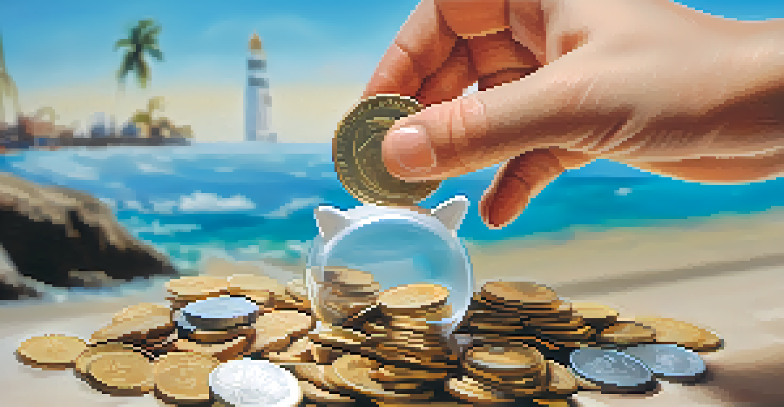 A hand holding a piggy bank with coins, symbolizing savings for retirement, against a dreamy travel background.