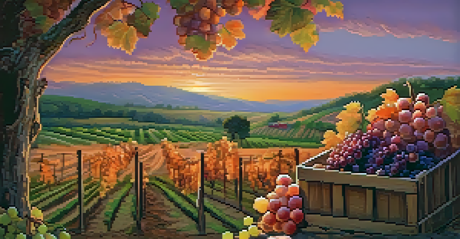 A sunset view of a vineyard with grapevines and a wooden crate of harvested grapes.
