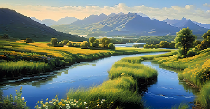A peaceful river winding through a green valley with wildflowers and mountains under a clear blue sky.