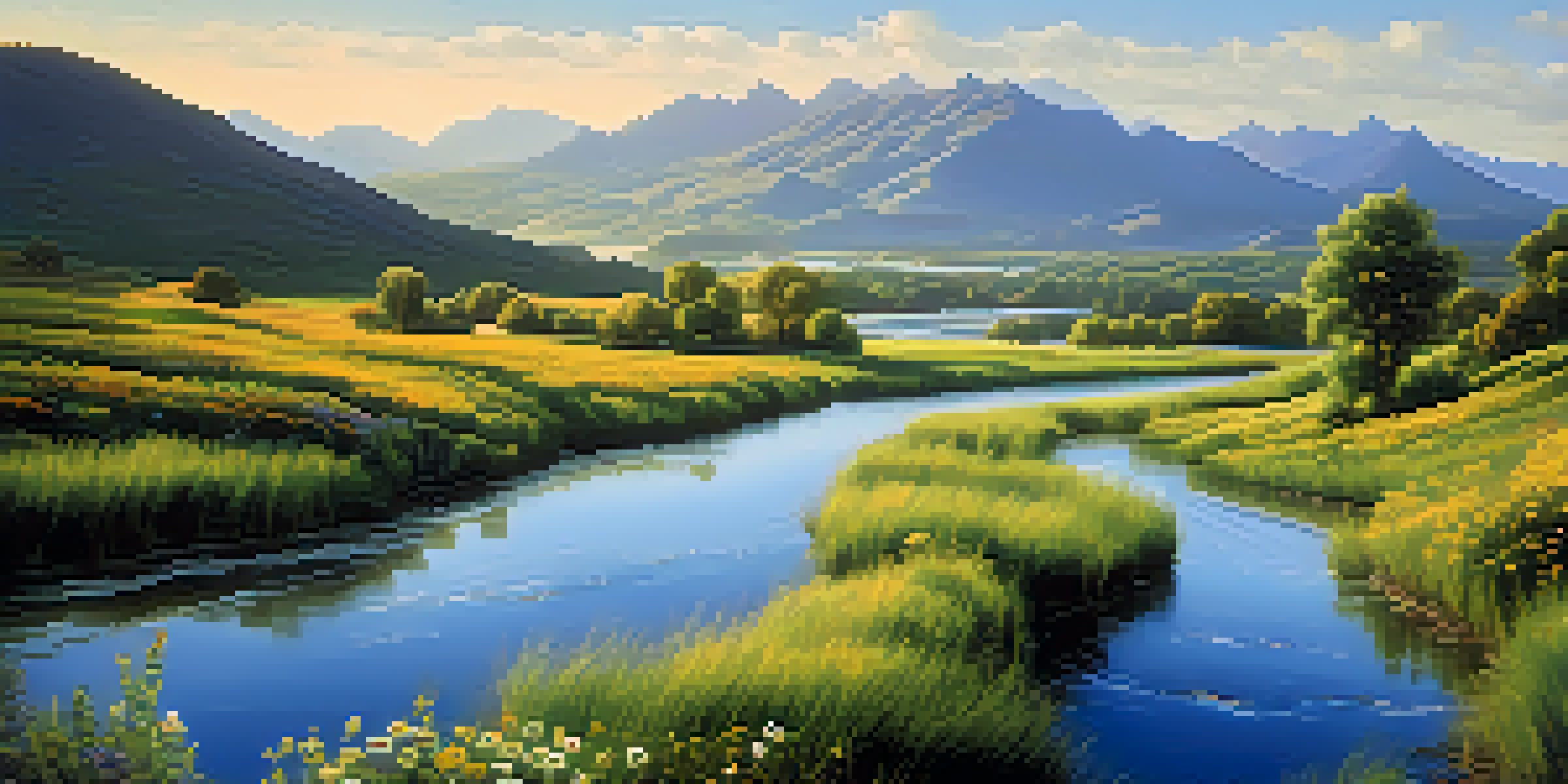 A peaceful river winding through a green valley with wildflowers and mountains under a clear blue sky.