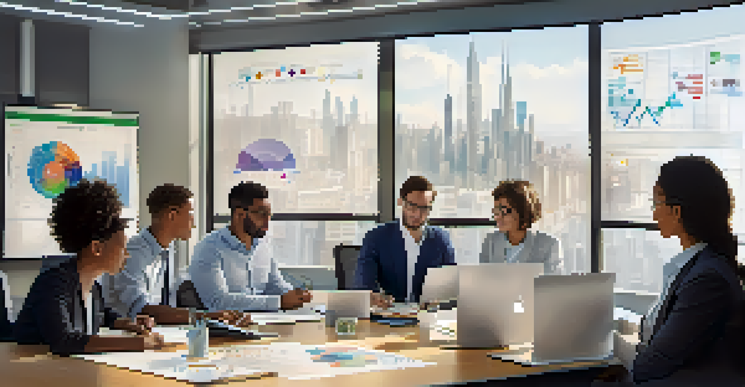A diverse group of young professionals in a modern office, collaborating over charts and technology, with natural light illuminating the space.