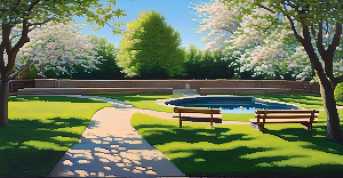 A beautiful garden with colorful flowers, green grass, and a pond under a clear blue sky, featuring a wooden bench and flowering tree.
