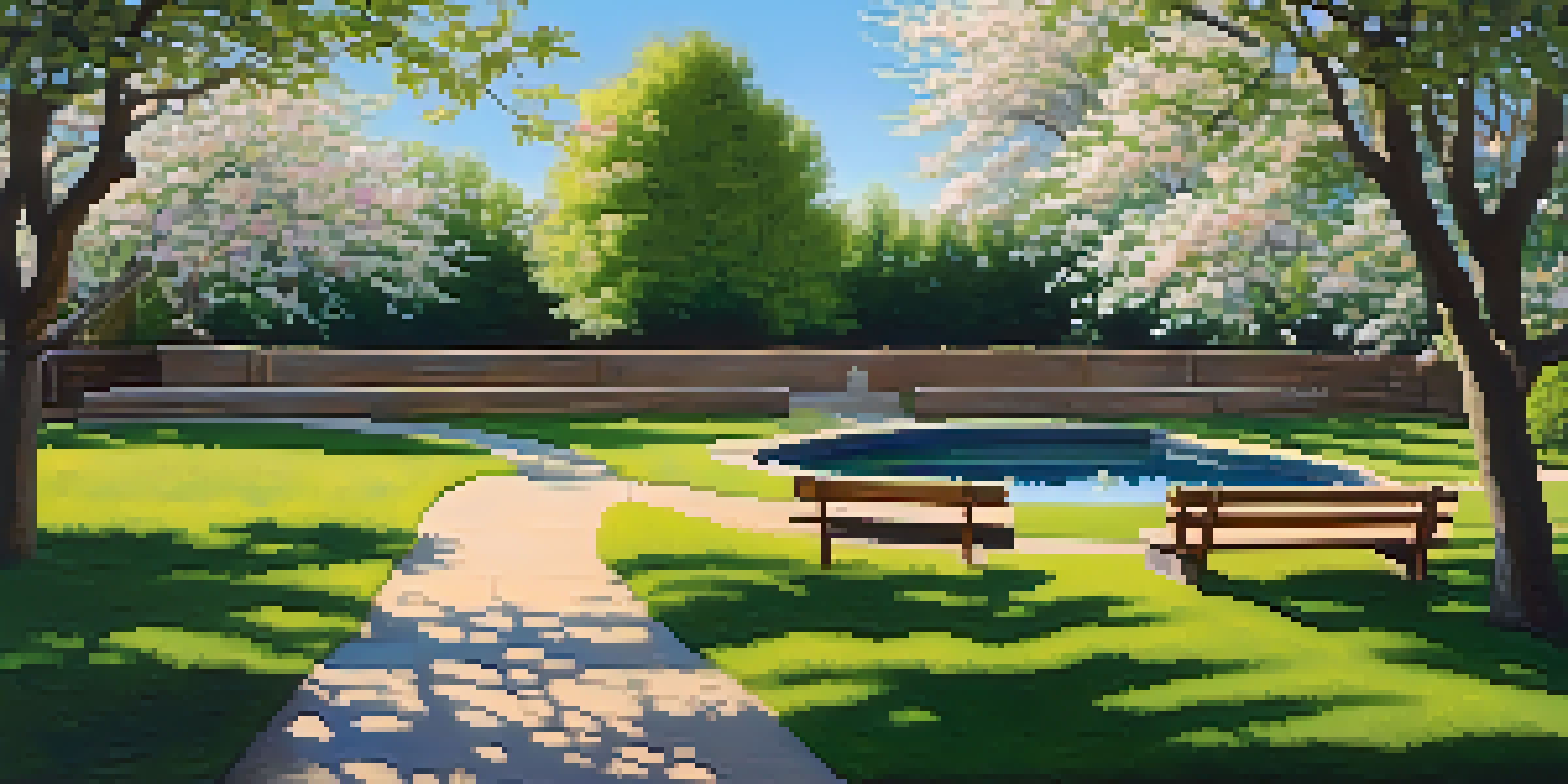 A beautiful garden with colorful flowers, green grass, and a pond under a clear blue sky, featuring a wooden bench and flowering tree.