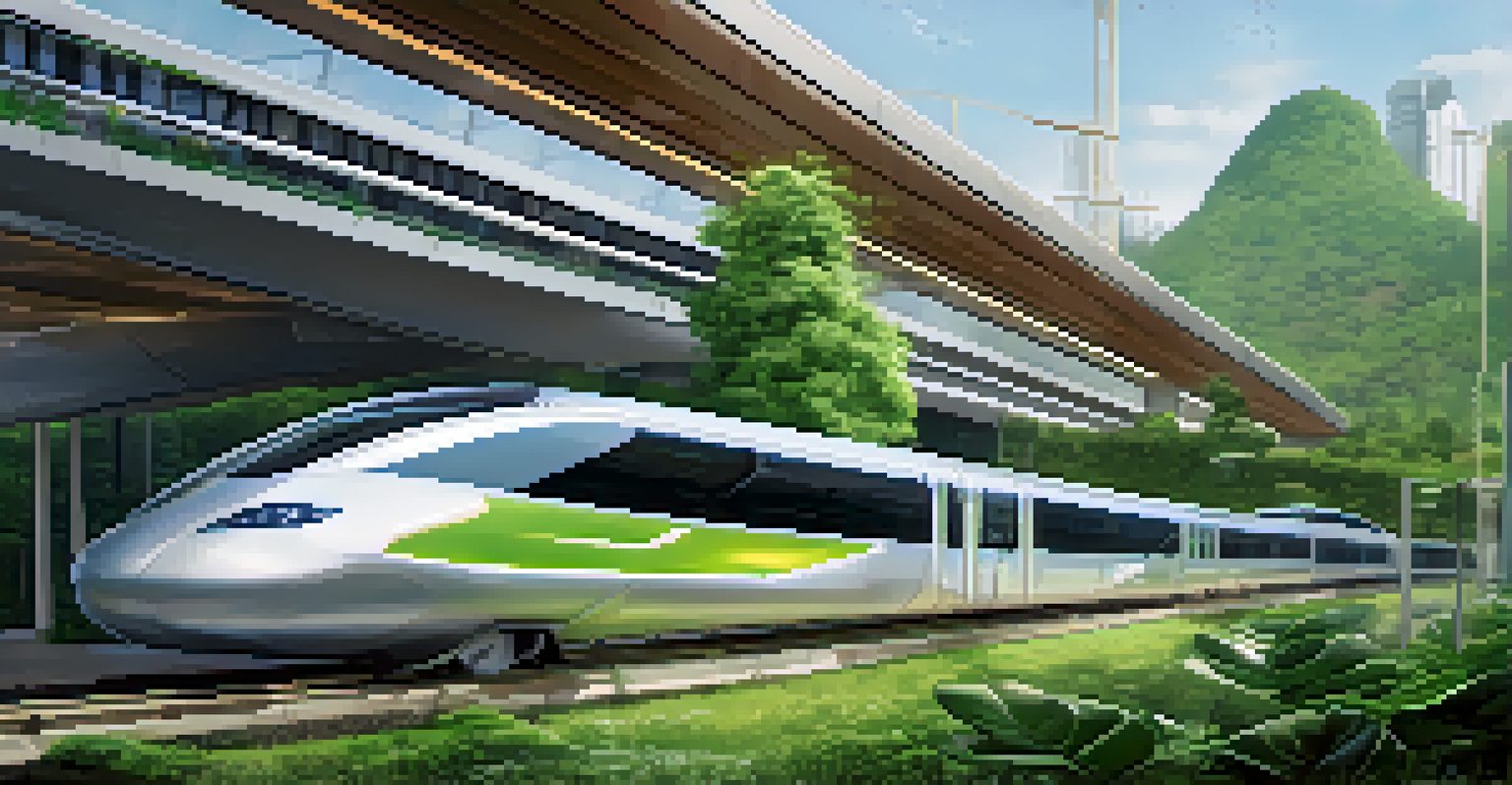 A modern transportation hub with trains and electric vehicles surrounded by greenery.