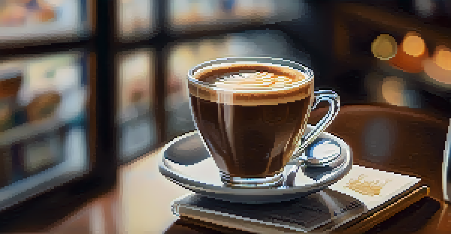 A close-up of a cup of coffee with latte art on a wooden table, surrounded by a cozy café ambiance.