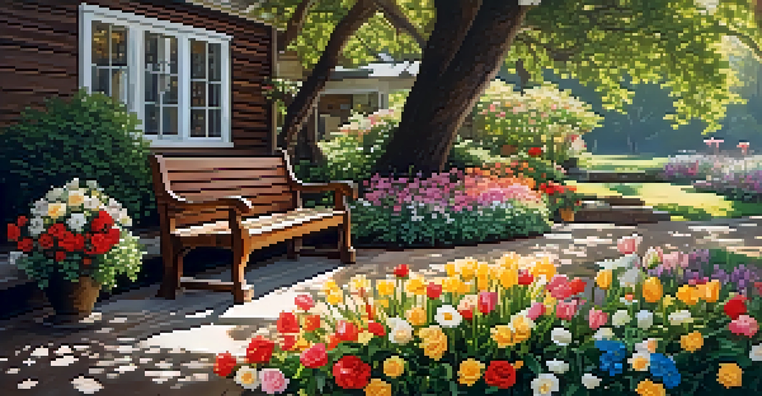 A colorful garden filled with blooming flowers and a wooden bench under a tree, bathed in warm sunlight.