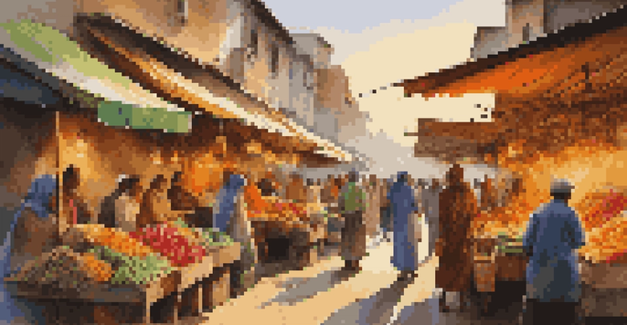 A vibrant market scene with colorful stalls, fresh produce, and people interacting under a sunset.