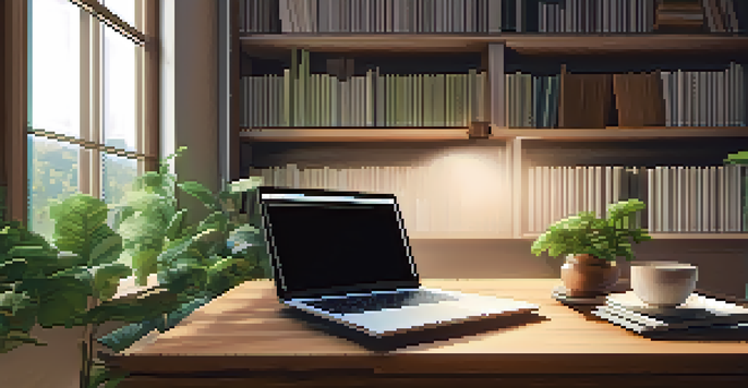 A cozy workspace with a wooden desk, laptop displaying financial planning software, plants, and a cup of coffee, illuminated by warm light.