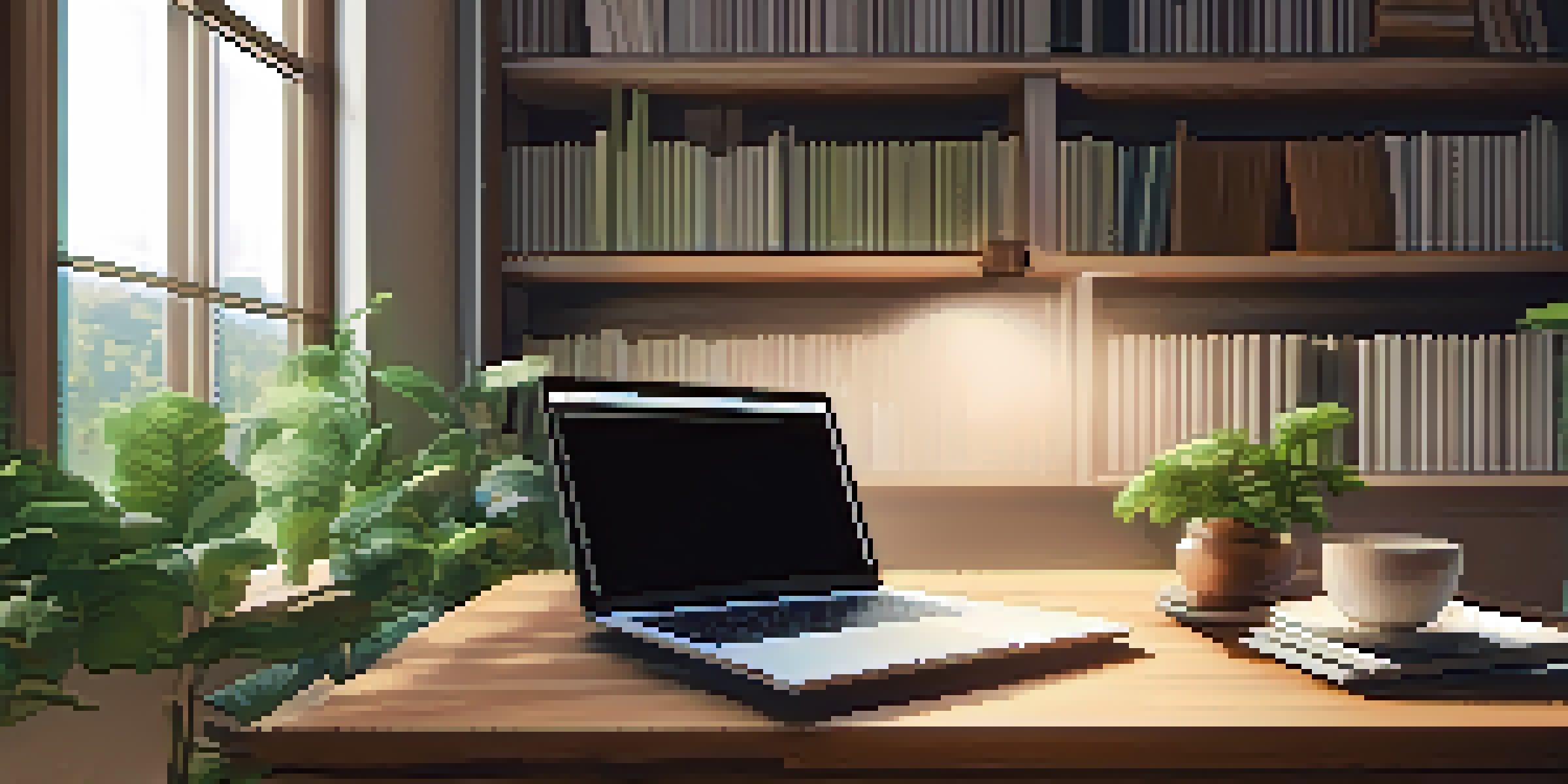 A cozy workspace with a wooden desk, laptop displaying financial planning software, plants, and a cup of coffee, illuminated by warm light.