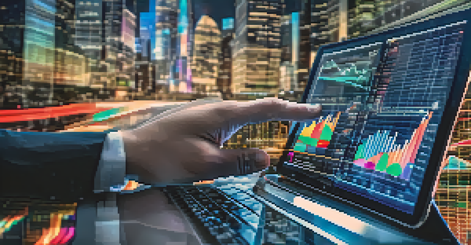 A close-up of a person using a tablet with stock market charts, set against a blurred city skyline.