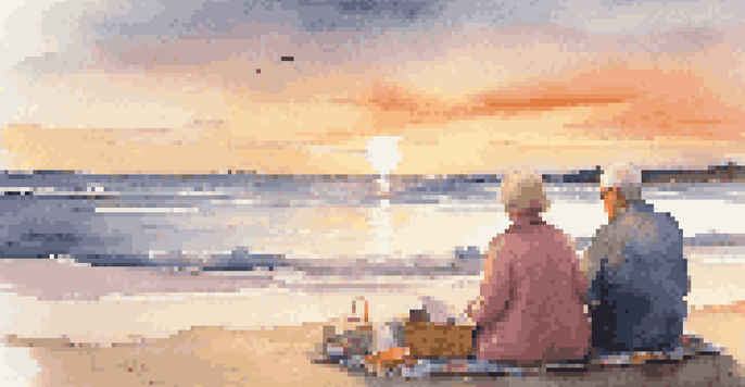 A retired couple sitting on a beach at sunset, enjoying their time together with a picnic setup.