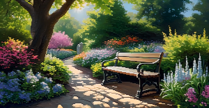 A beautiful garden scene with blooming flowers, sunlight filtering through leaves, and a wooden bench under an oak tree.
