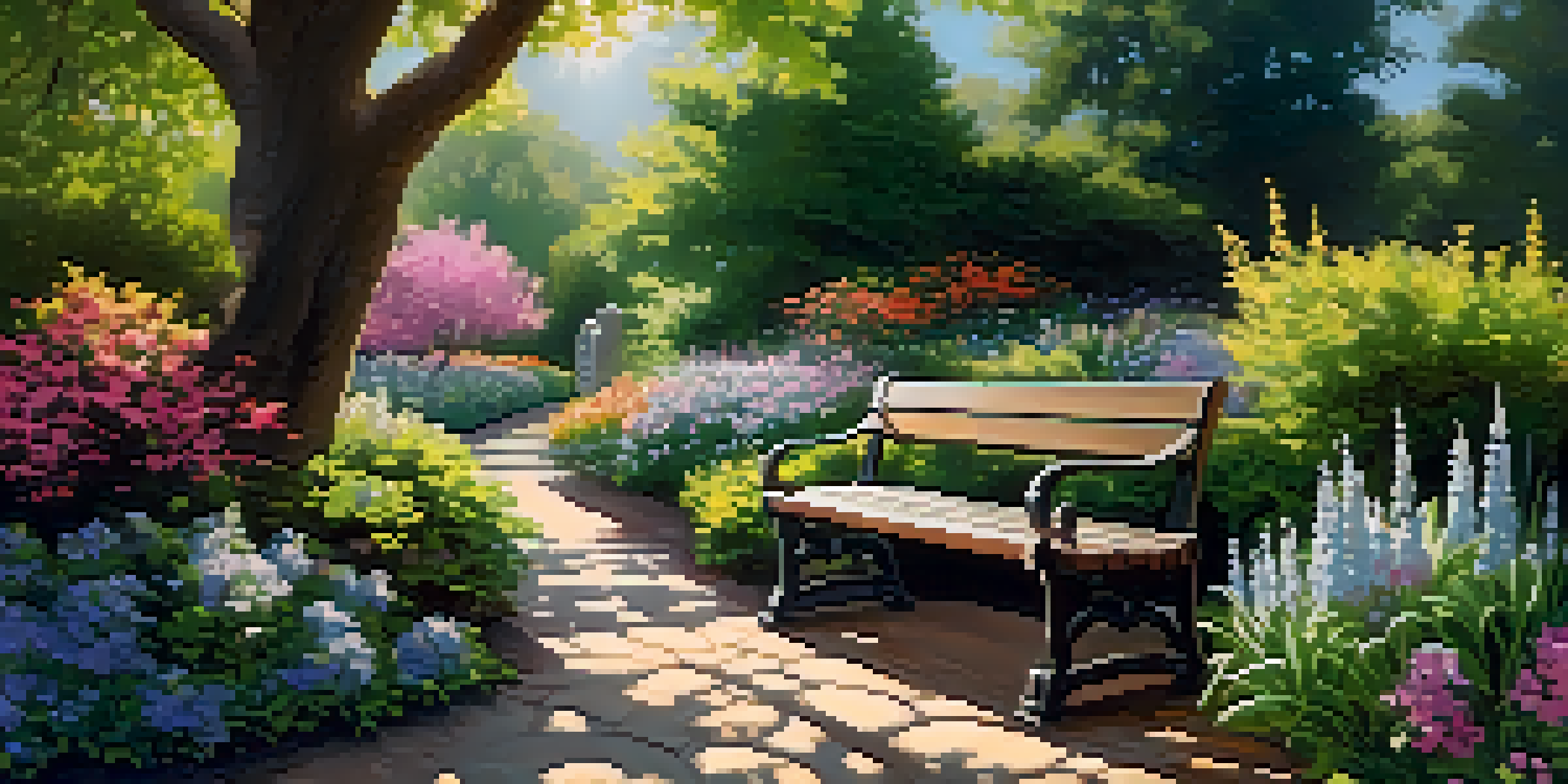 A beautiful garden scene with blooming flowers, sunlight filtering through leaves, and a wooden bench under an oak tree.