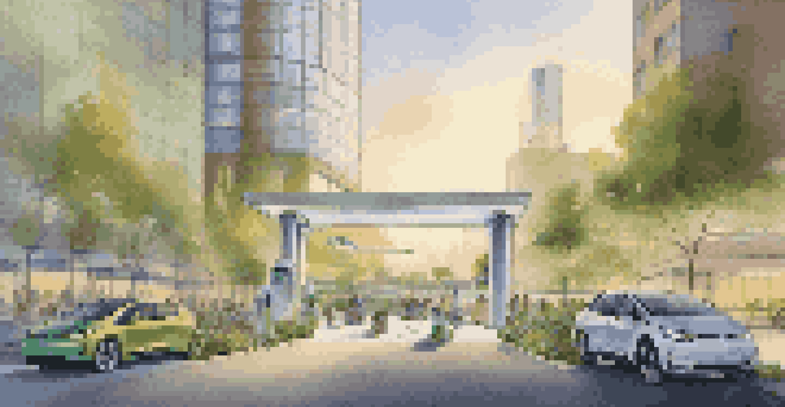 A modern city with electric vehicles charging at renewable energy stations and buildings featuring vertical gardens, bathed in evening light.