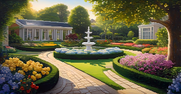 A colorful garden representing a diversified investment portfolio, with various plants symbolizing different asset classes, illuminated by golden sunlight.