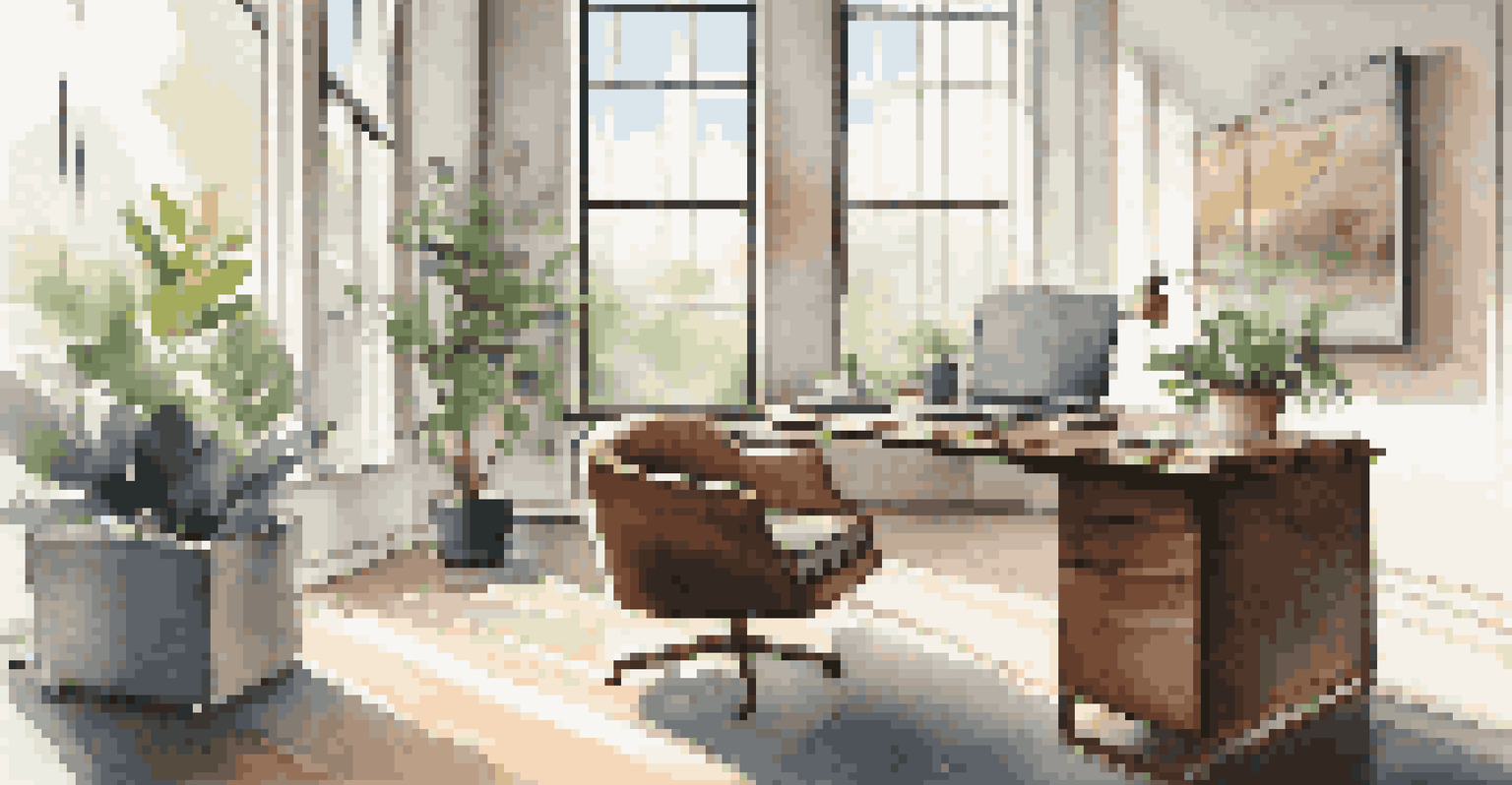 A stylish office with a wooden desk, laptop, coffee cup, and abstract art on the walls bathed in natural light.