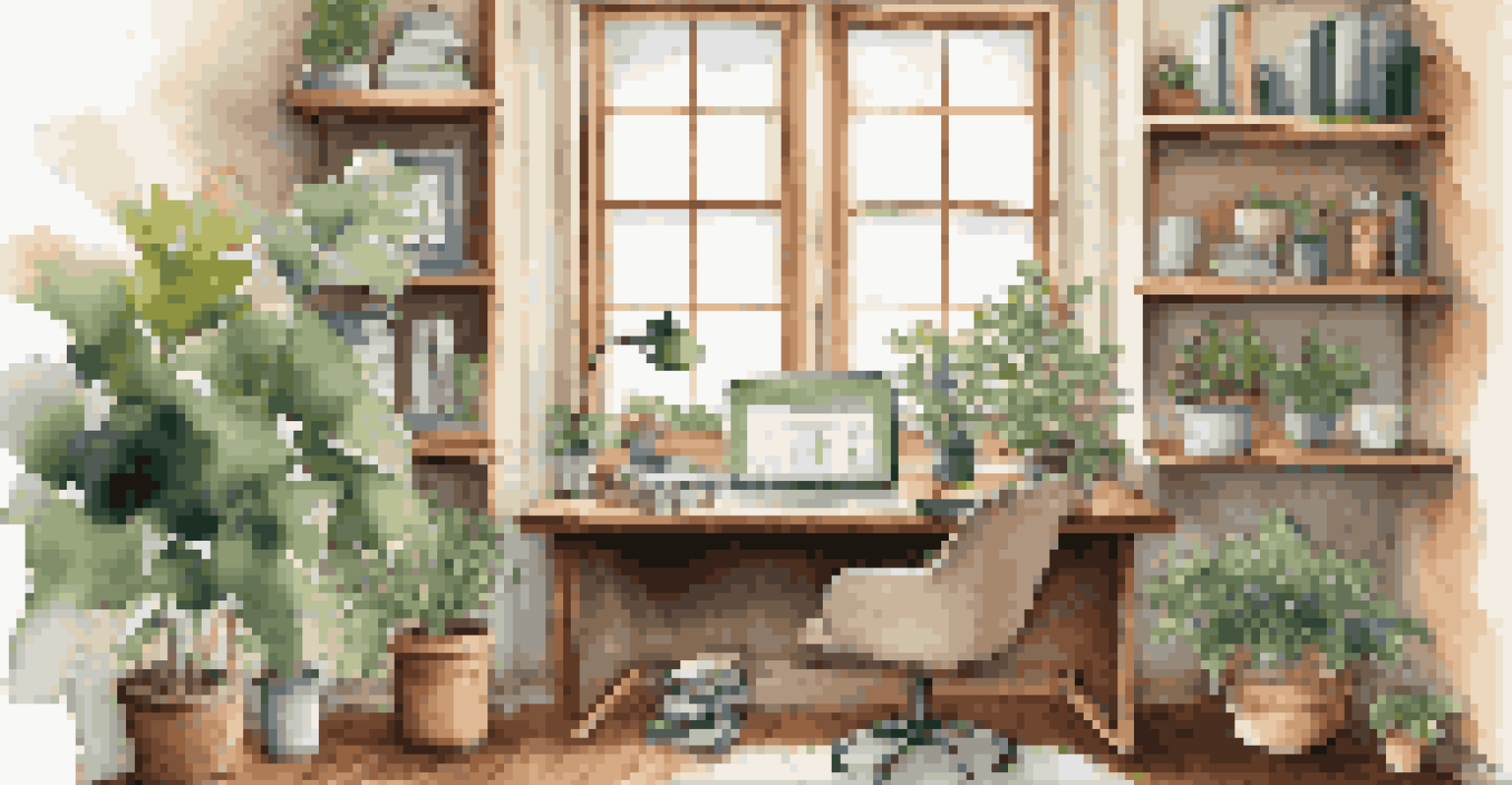 A cozy home office with a desk, laptop, financial books, and a plant, illuminated by natural light.