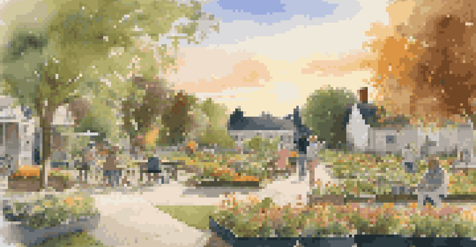 A peaceful neighborhood park with a blooming community garden, residents gardening, and children playing at sunset.