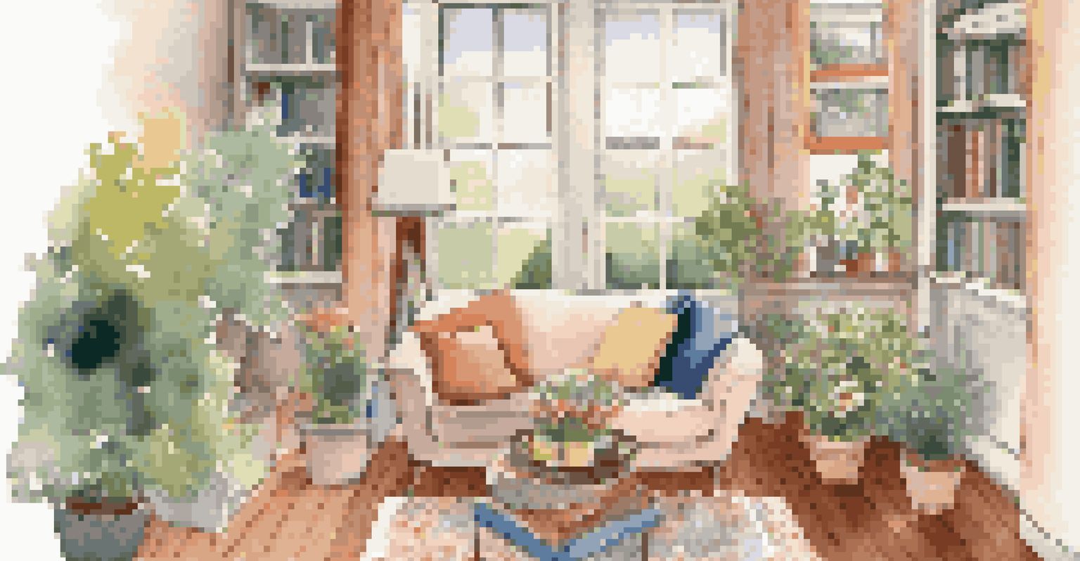 A cozy living room with a couch, throw blanket, and a view of a garden through a large window.
