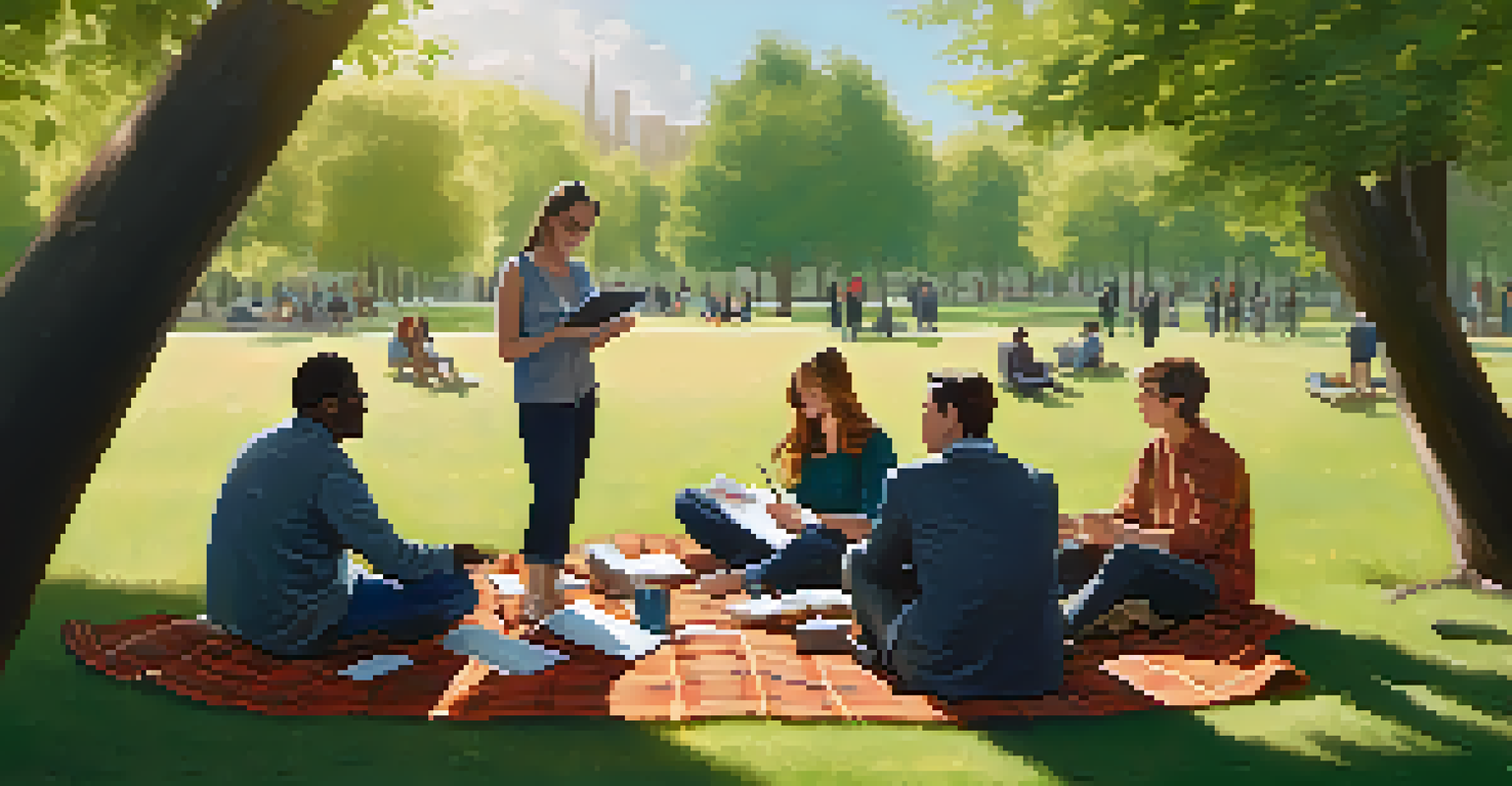 Investment club members having a casual outdoor meeting in a park, discussing investment ideas while surrounded by nature.