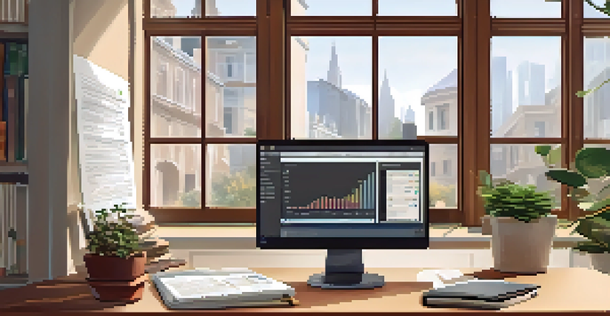 A cozy workspace with a wooden desk, a laptop displaying financial analysis, financial books, and a potted plant, all bathed in soft natural light.