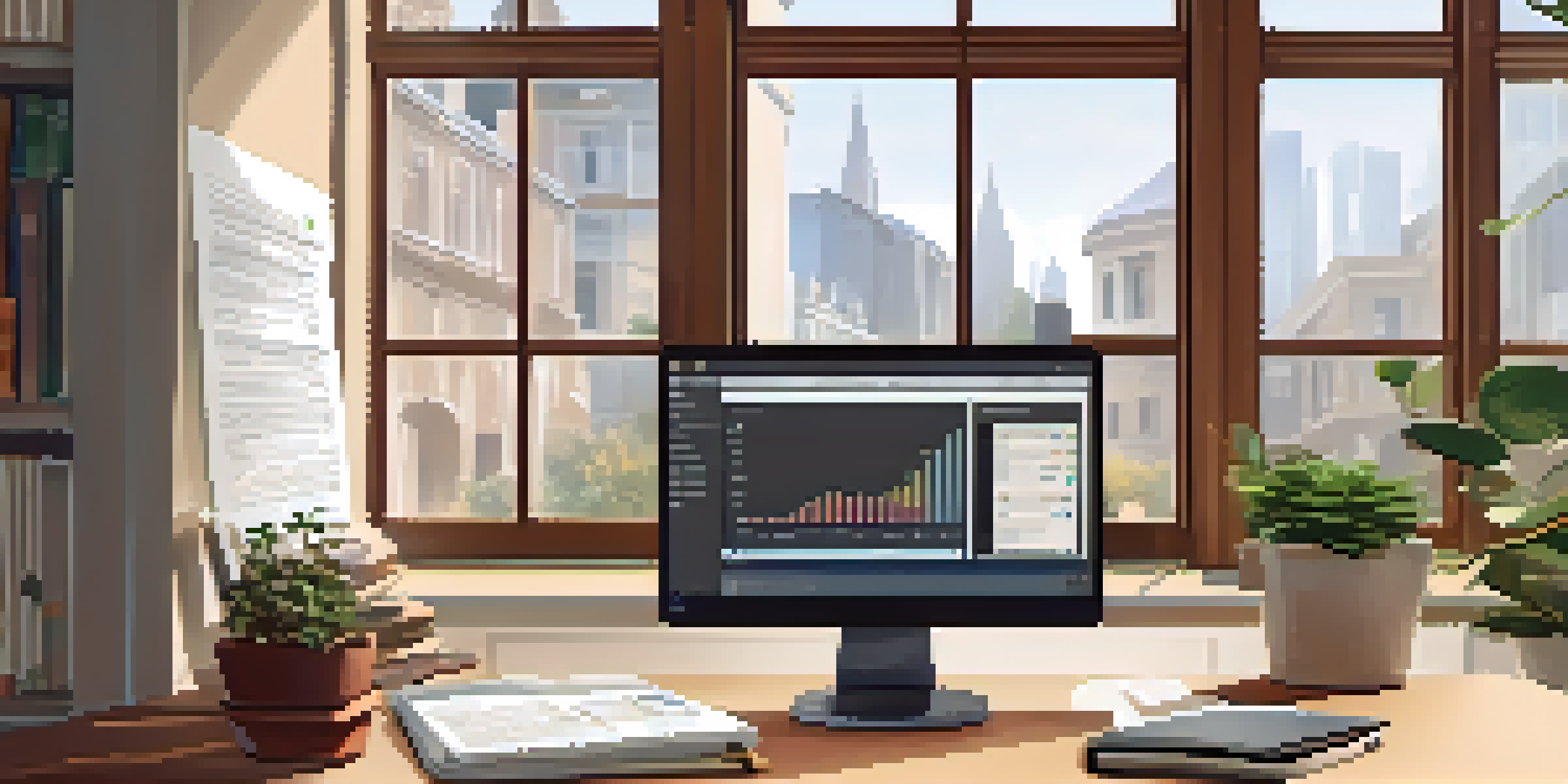 A cozy workspace with a wooden desk, a laptop displaying financial analysis, financial books, and a potted plant, all bathed in soft natural light.