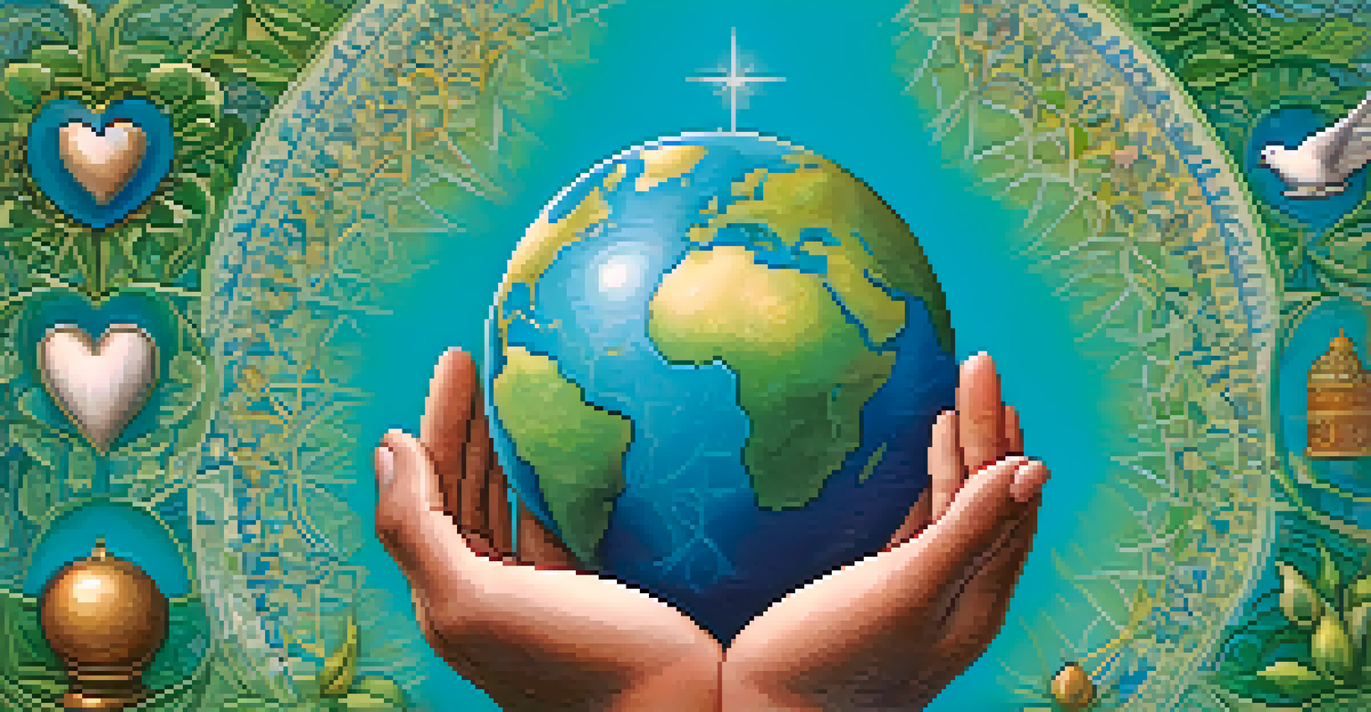 A hand holding a globe with symbols of different religions and ethical values, set against a gradient background of blue and green.